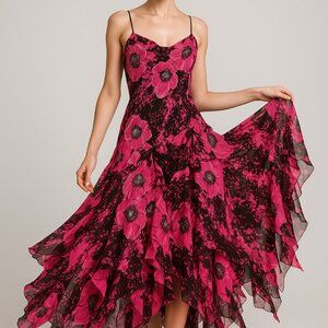 Vintage Lexus 100% Silk Beaded Floral Ruffle Gown Pink Black Evening Dress Sz 10